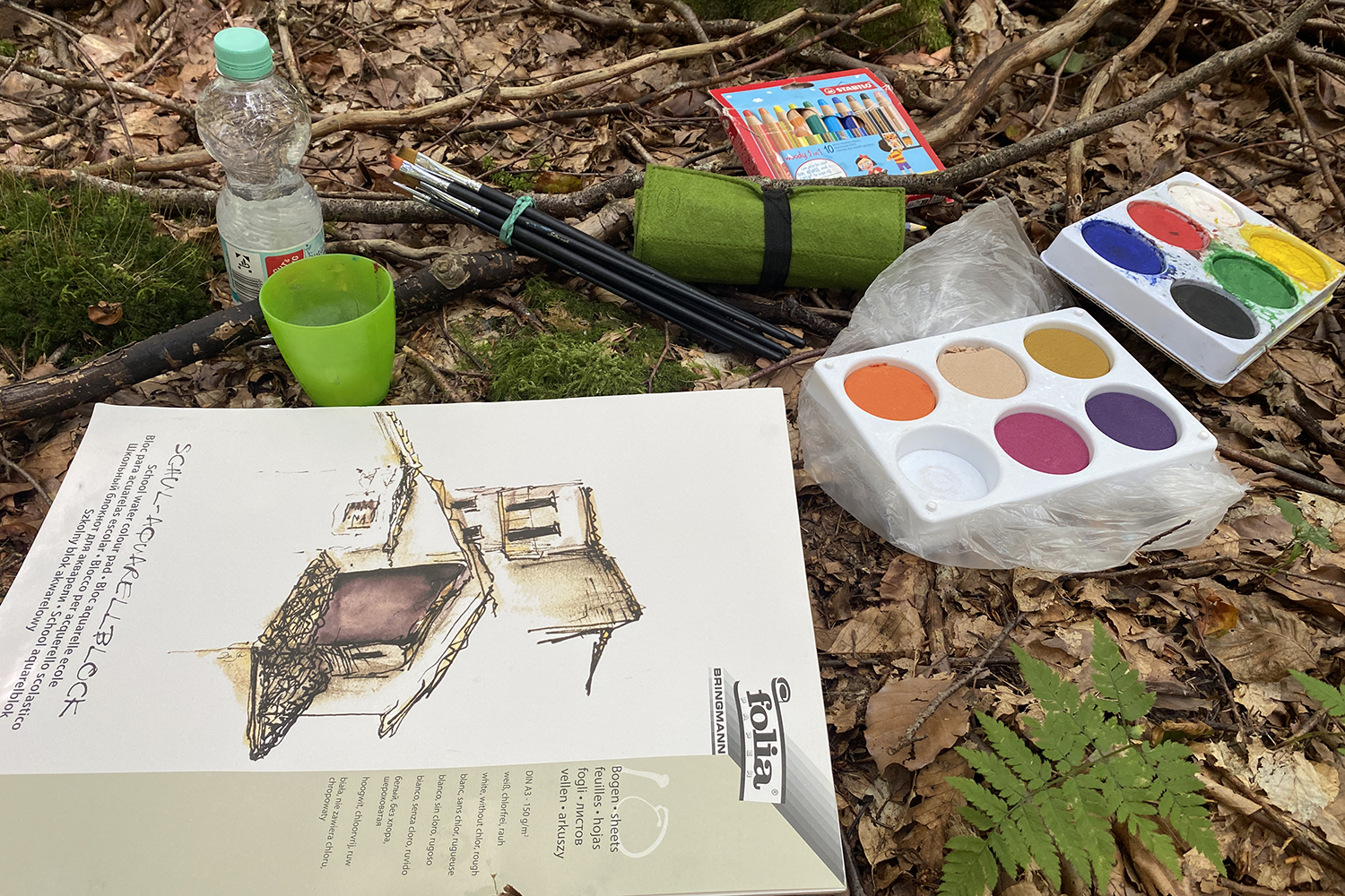 Farben und Zeichenblock im Wald