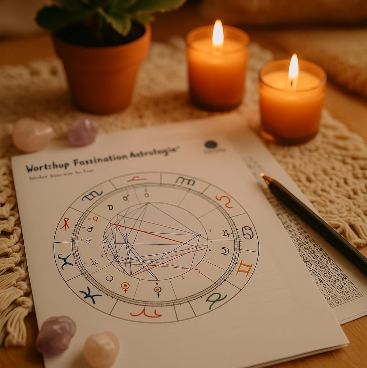 Horoskop auf dem Tisch liegend mit zwei Kerzen