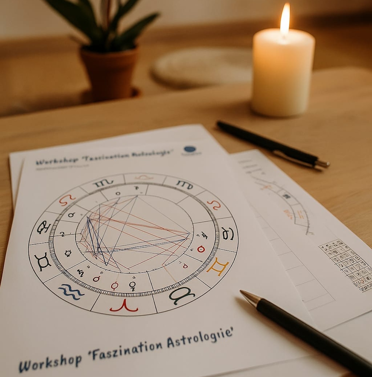 Horoskop auf dem Tisch liegend mit einer Kerze und einem Bleistift