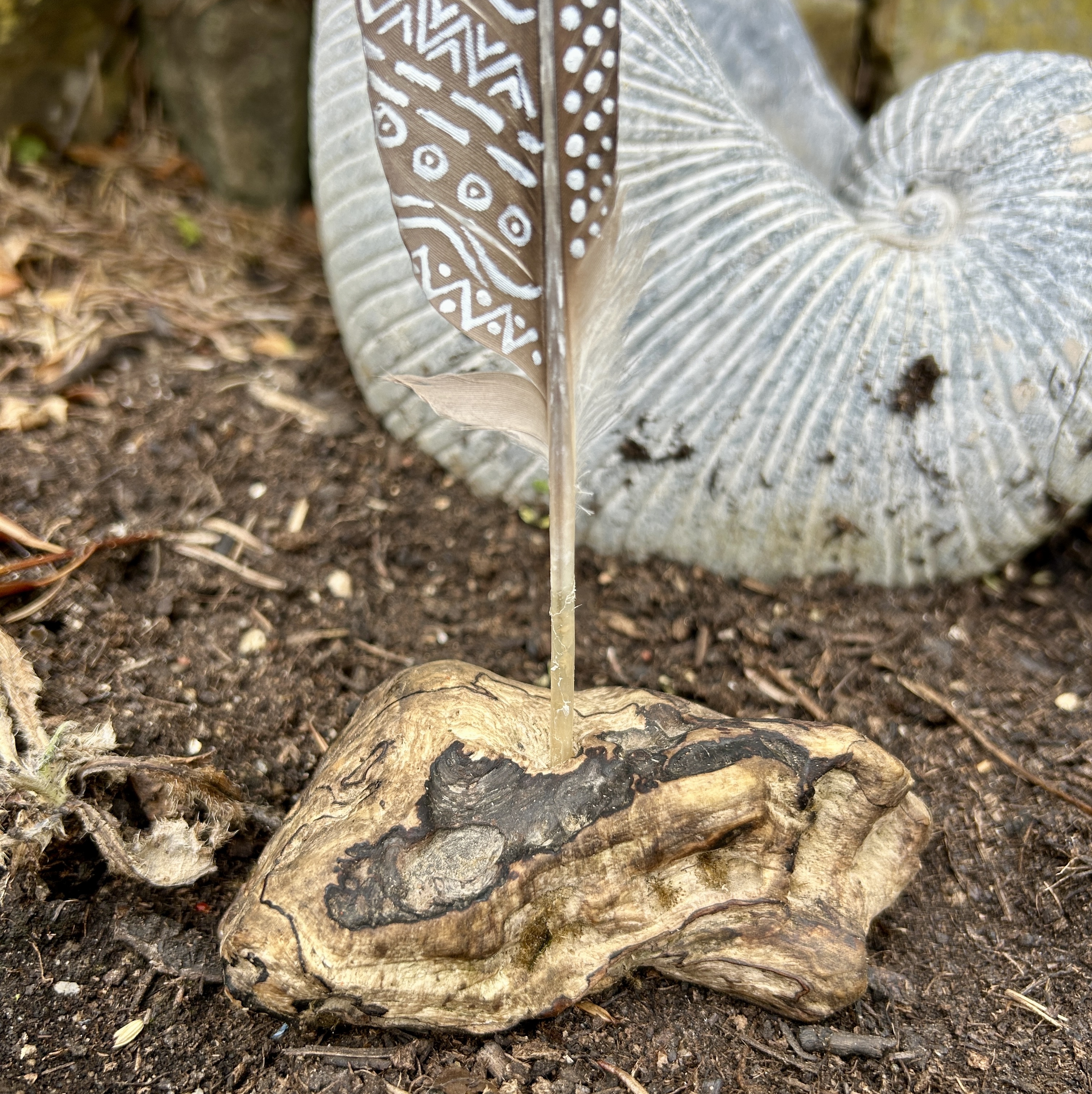 eine mit Silber bemalte dunkle Feder in einem Holzständer im Garten