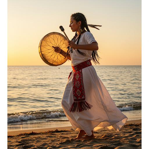 Tanzende Indianerin mit Trommel am Meer