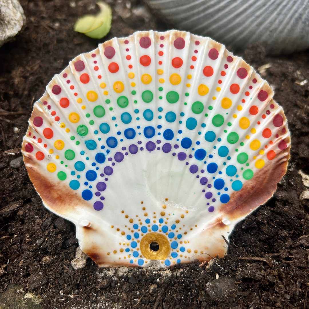 Jakobsmuschel in Regenbogenfarben bemalt