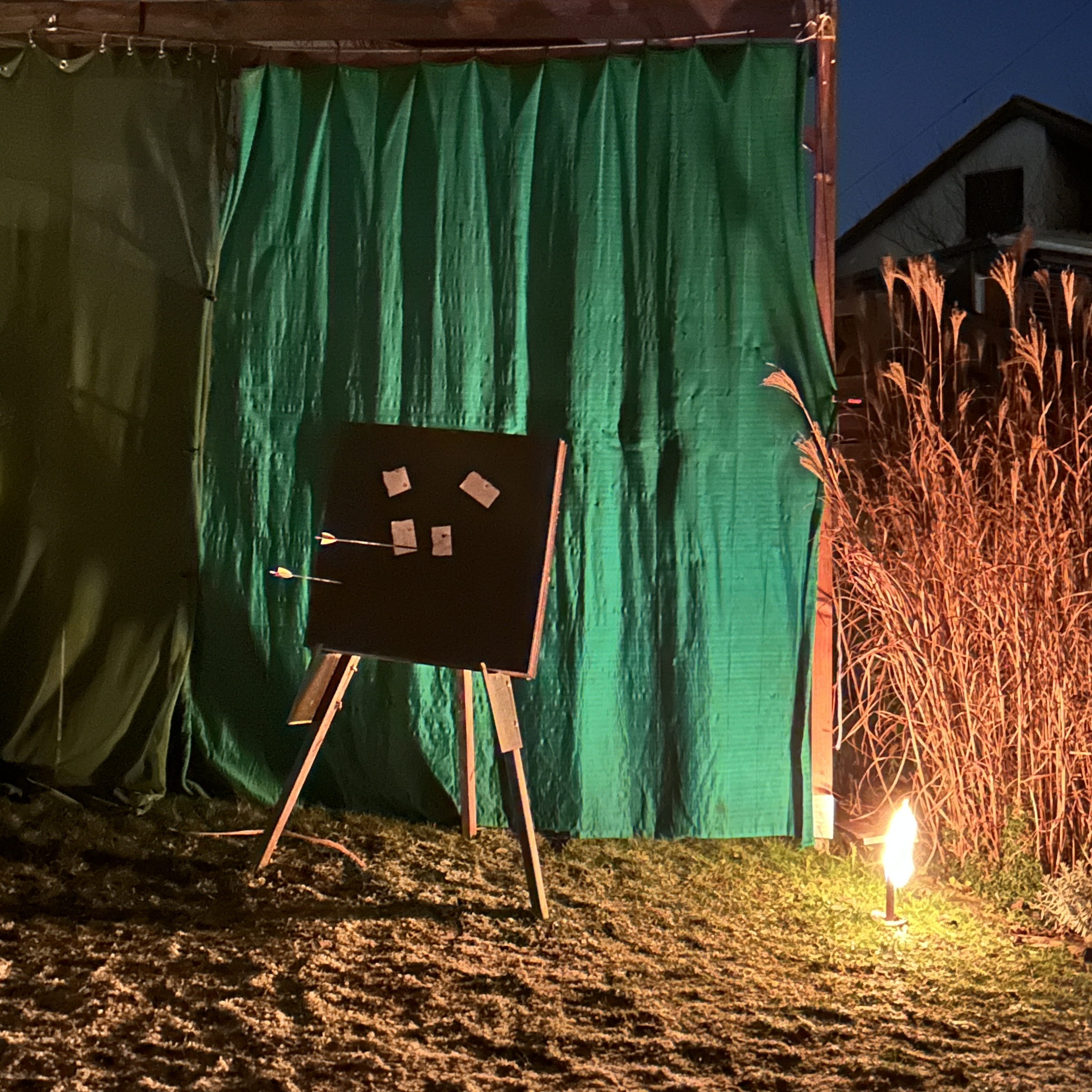 Zielscheibe mit Pfeilen im Dunkeln mit Fackel