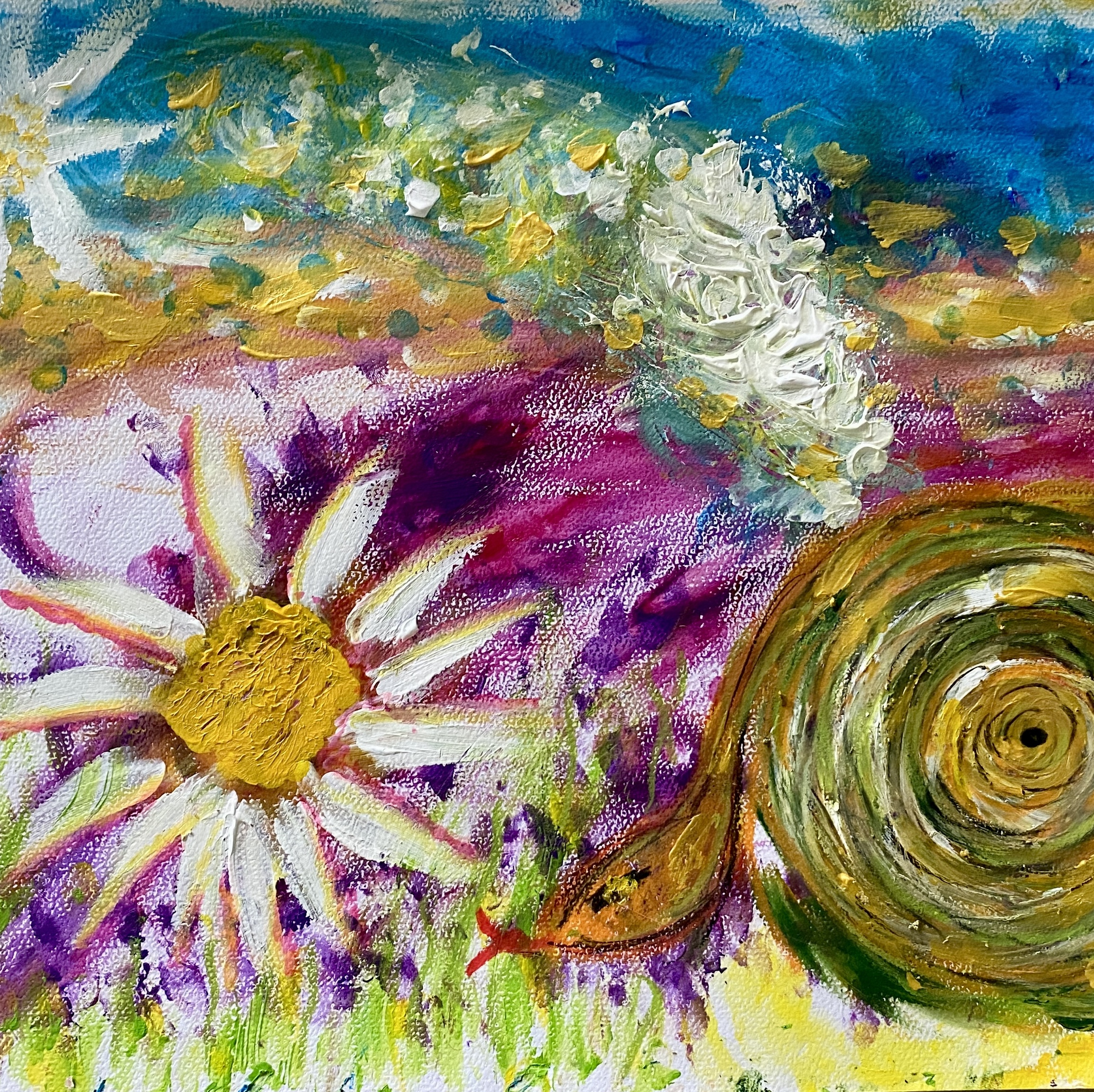 Bild mit Acrylfarbe gemalt, Blume und Schlange