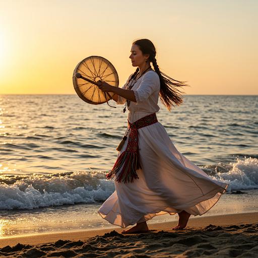 Frau mit Trommel am Meer laufend