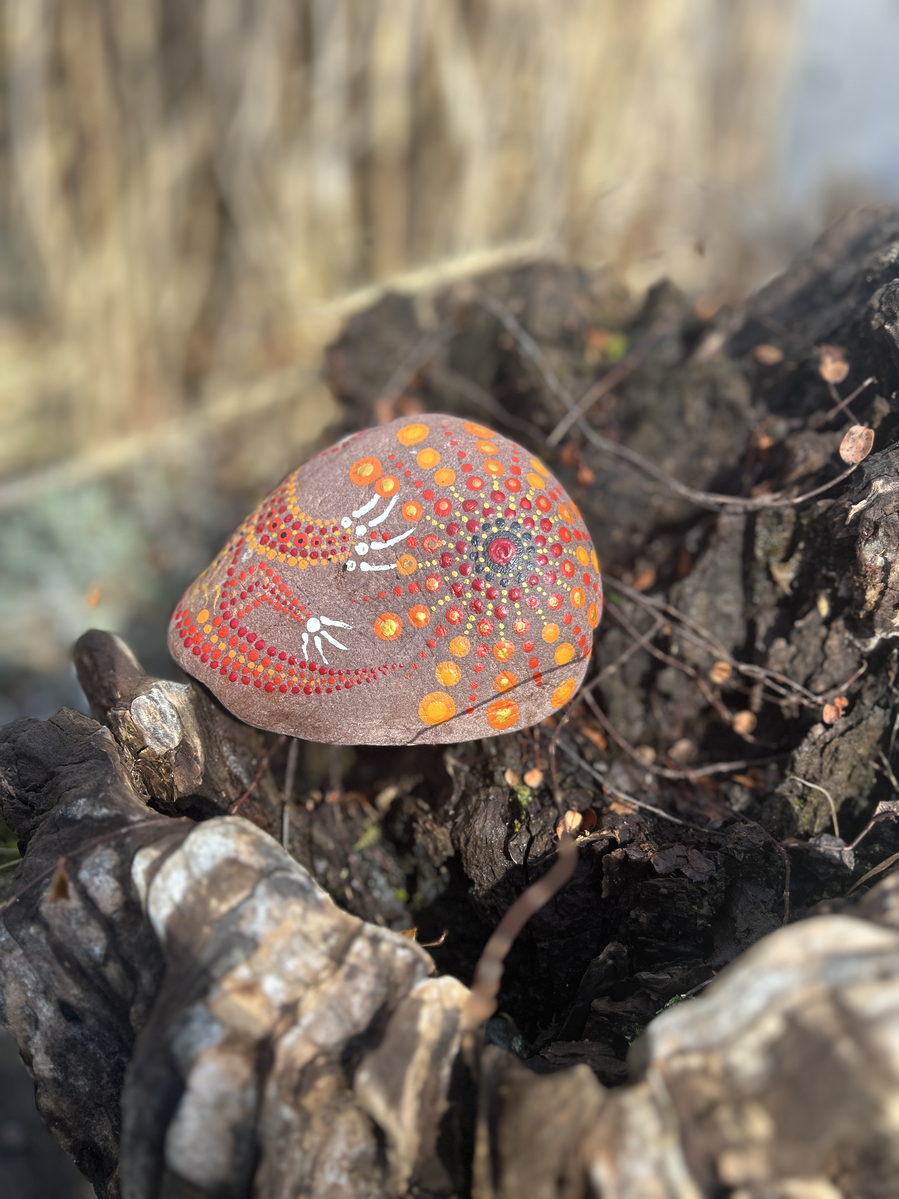 Rötlicher Stein in Dot Painting Technik  bemalt mit einem Mandala auf einer Wurzel liegend