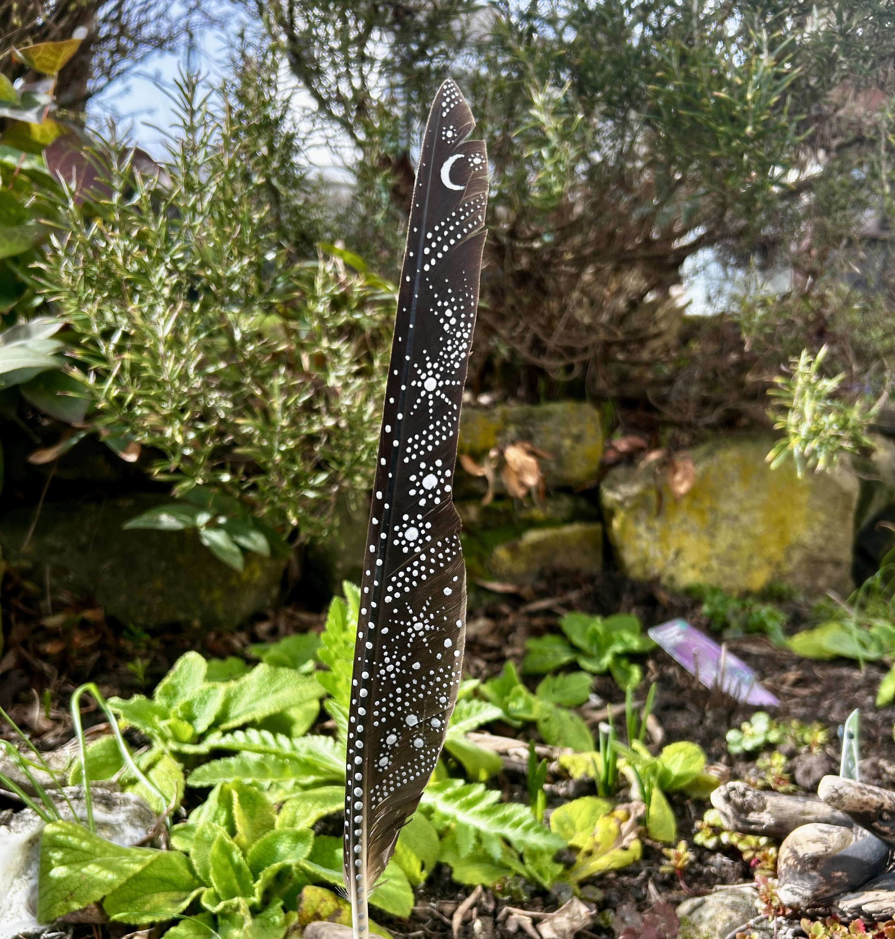 Eine bemalte Federn im Garten stehend in Silber gestaltet mit Sonne, Mond und Sternen