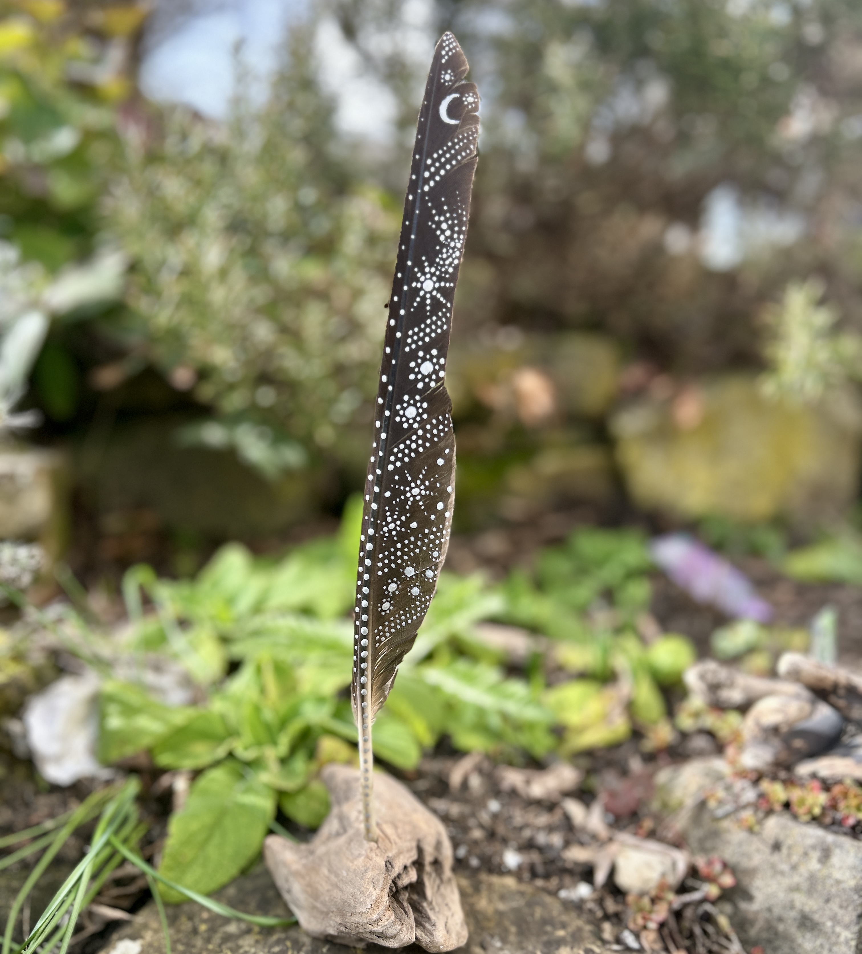 Eine bemalte Federn im Garten stehend in Silber gestaltet mit Sonne, Mond und Sternen