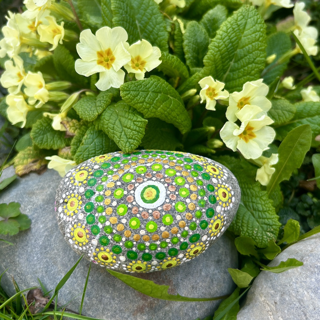 In Dot painting Technik bemalter Stein mit einem Mandala in Grün und Gelbtönen vor Primeln