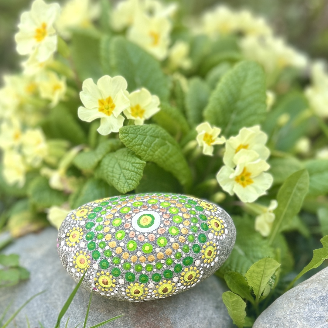 In Dot painting Technik bemalter Stein mit einem Mandala in Grün und Gelbtönen vor Primeln