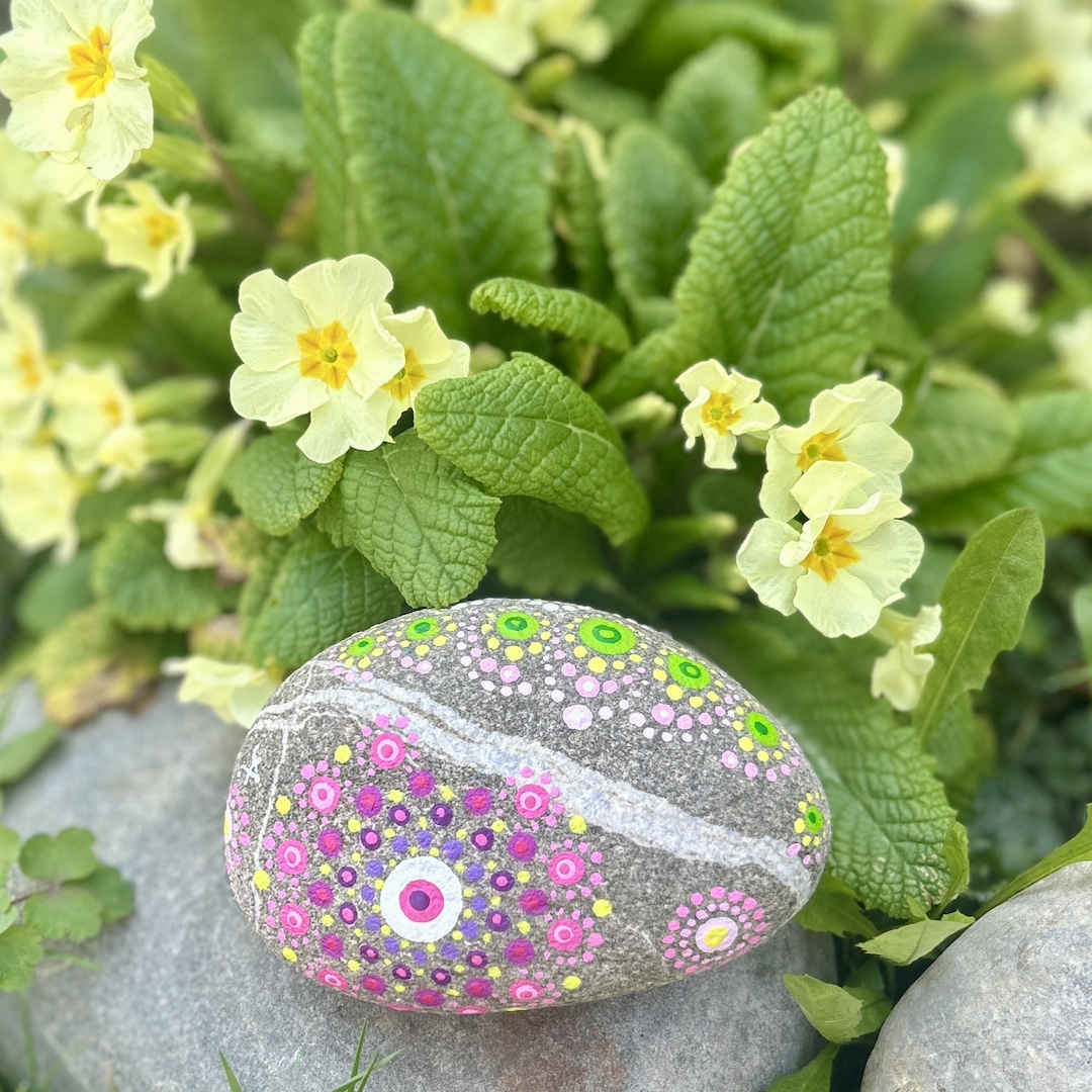 In Dot painting Technik bemalter Stein mit einem Mandala in Rosa-, Grün- und Gelbtönen vor Primeln