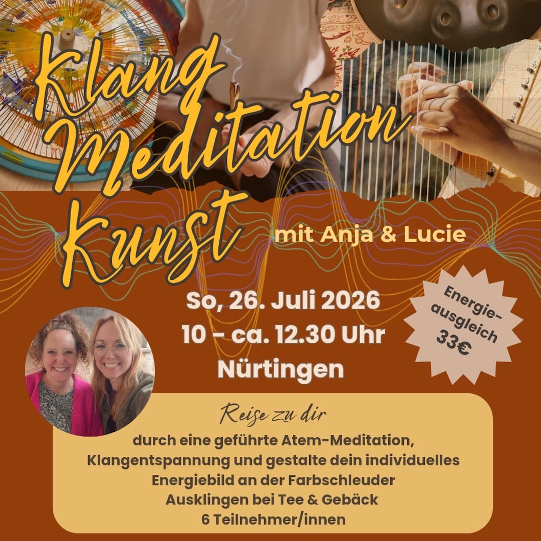Plakat mit Musikinstrumenten zum Thema Klang, Meditation unbd Kunst