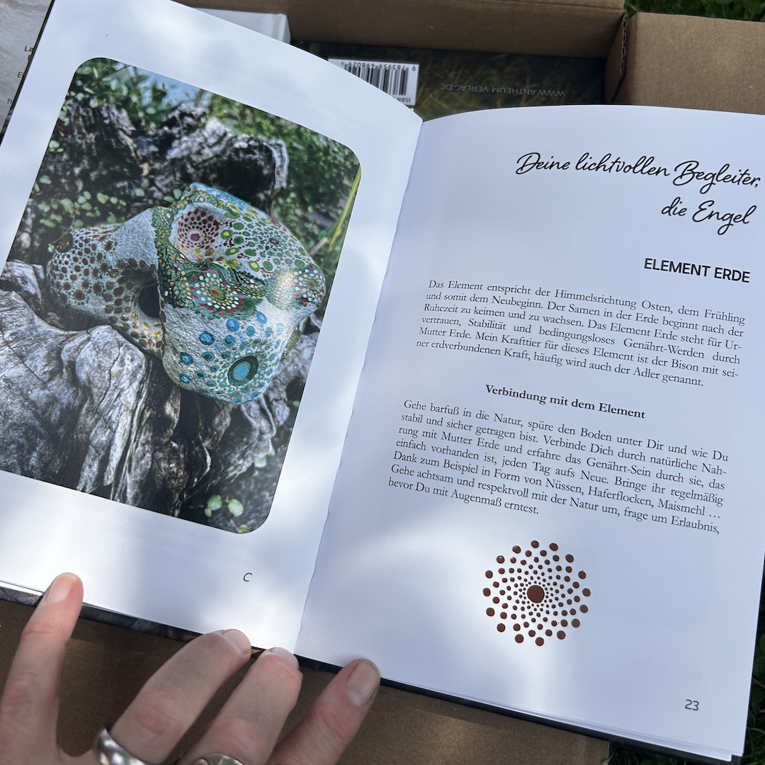 Seite aus dem Buch Steinmelodie mit Engelabbildung und Text