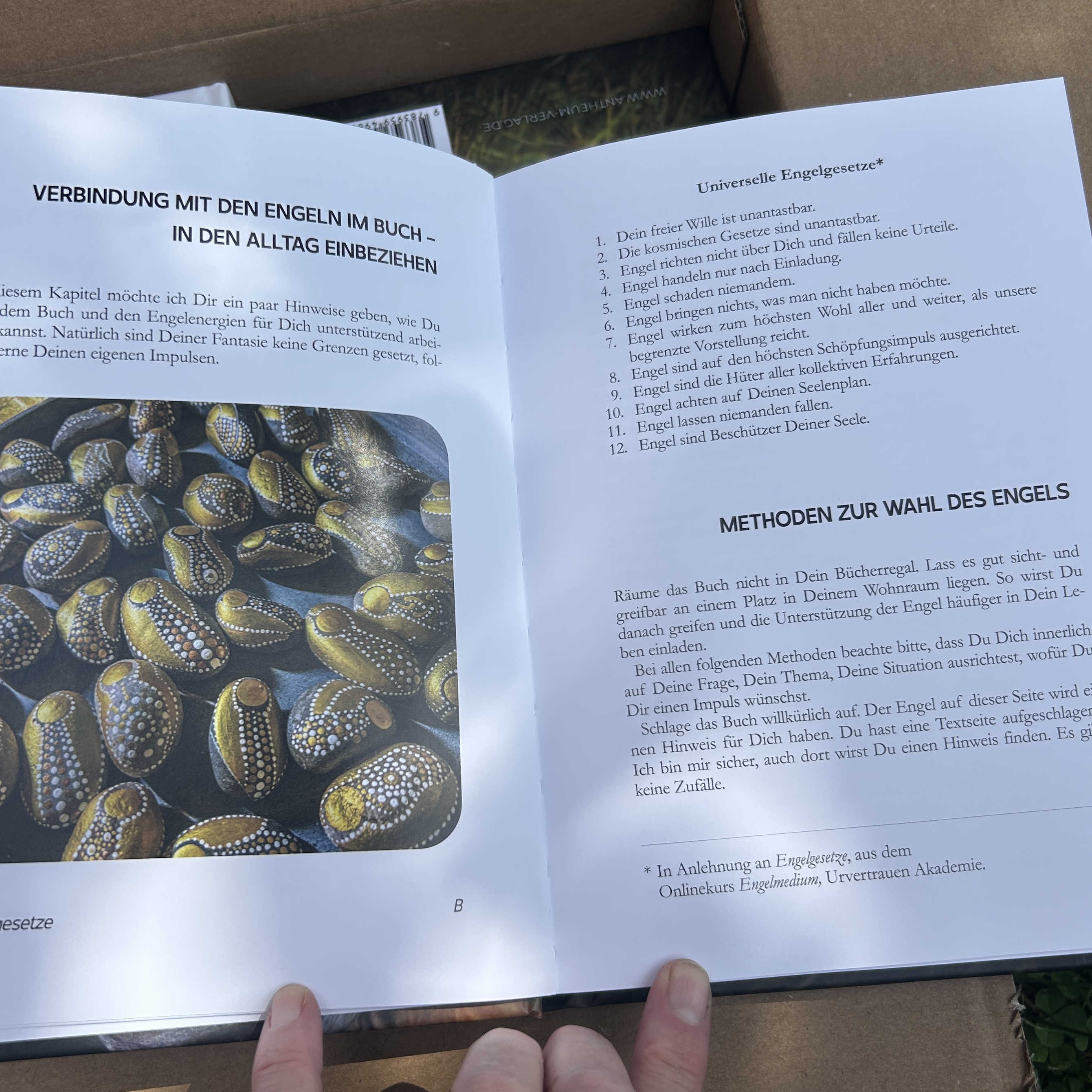 Seite aus dem Buch Steinmelodie mit Engelabbildung und Text